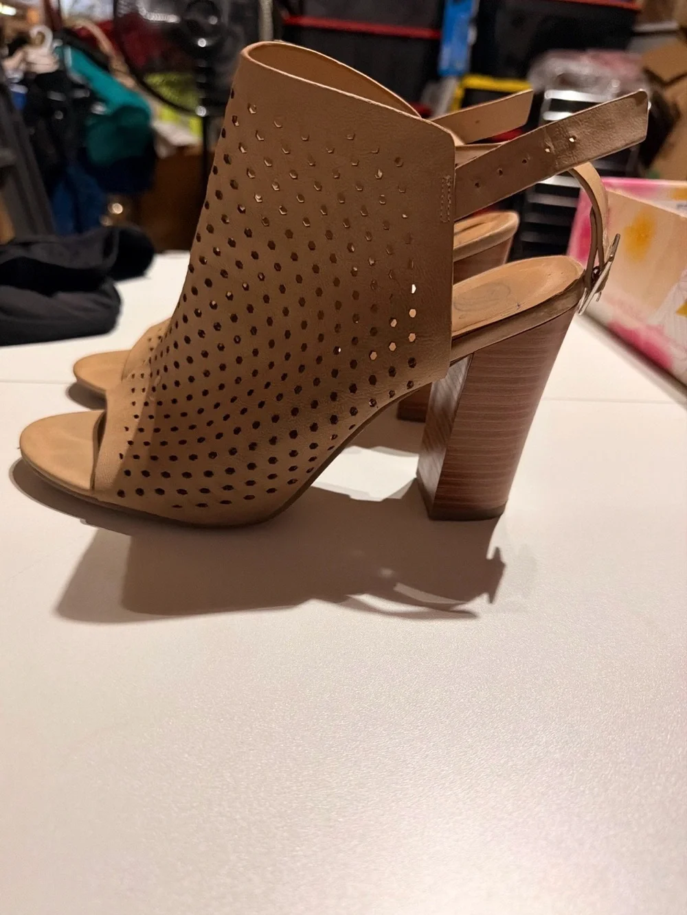 Delicious Tan Perforated Peep-Toe Ankle Booties